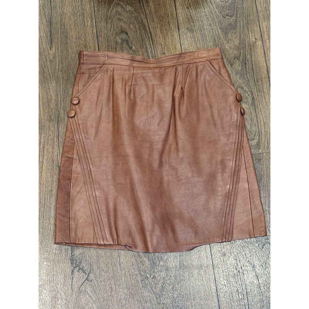 Vintage 80s Brown Genuine Leather‎ Mini Skirt – Side Button Sz M/8